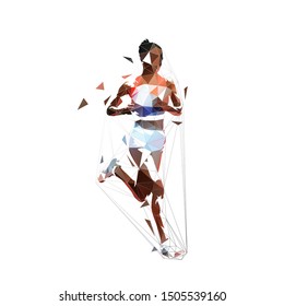 Running woman, abstract low polygonal isolated vector illustration. Geometric african american runner, side view