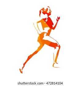 Running woman abstract orange vector illustration. Run, sport, active people