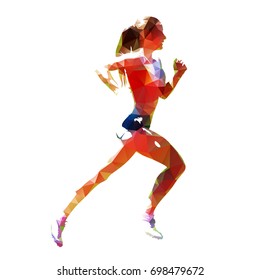 Running woman, abstract polygonal vector silhouette, side view