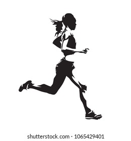 Running woman, abstract vector silhouette, side view