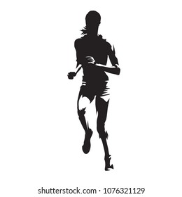 Running woman, abstract vector silhouette, front view