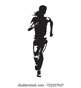 Running woman, abstract vector silhouette, front view