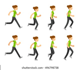 Running Woman Animation Frames Set. Flat Cartoon Vector Illustration Sequence Of Jogging Female Athlete.