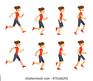 Running woman animation sprite set. 8 frame loop. Flat cartoon style vector illustration.