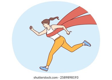 Running woman athlete with finishing tape symbolizes victory in marathon or mass sports competition. Running girl with determined emotions wins championship or sets new speed record.