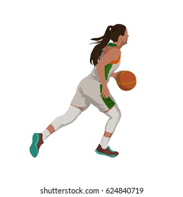 Running woman with ball, basketball player isolated vector illustration