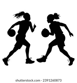 Running Woman with Ball Silhouette on White.