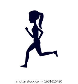 Running woman, black silhouette on white background.