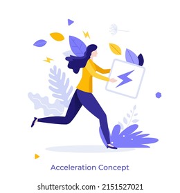 Running woman carrying sign with lightning. Concept of acceleration, hurry, speed boost, velocity enhancement, urgent message, express service. Modern flat vector illustration for banner, poster.