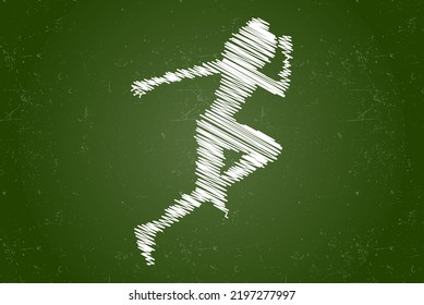 Running woman chalk effect vector silhouette, female working out silhouette, sport idea, white color isolated on chalkboard, kids hand drawing concept