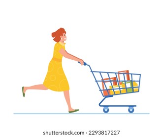 Running Woman Character Pushing Shopping Cart In A Hurry To Grab Groceries And Complete Her Errands