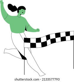 Running Woman Crosses Finish Line. From Poverty to Wealth. Achive Goal. Vector Illustration. Way to Victory. Financial Stability. Business Plan Save Money.