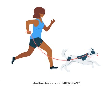 Running Woman With Dog Flat Vector Illustration. Animal And Human, Jogging African American Girl With Dog Outdoors. Pet And Owner Cartoon Characters. Little Cute Puppy On Leash Isolated Design Element