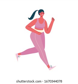 Running woman dressed in sportswear isolated on a white background.Morning jogging. Active and healthy lifestyle. Sports competition, outdoor workout or exercise, athletics. Flat vector illustration.