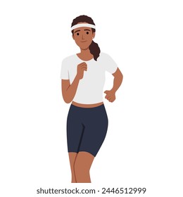 Running Woman, Female Athlete in Sports Uniform Running Marathon, Training, Jogging on. Flat vector illustration isolated on white background