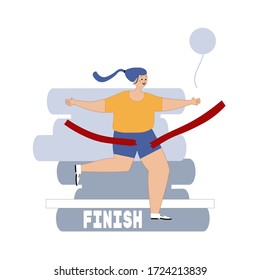 Running woman. Female crossing the finish line. Girl wins. Cartoon flat style.