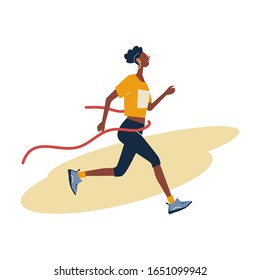 Running woman with Finish ribbon in sportswear at marathon race.  Marathon race, 5k run, sprint. Flat cartoon vector illustration on white background. Creative landing page design template, web banner