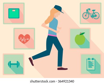 Running woman with fitness icon in flat design
