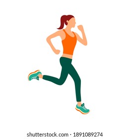 Running woman in flat design on white background. Exercise for good health. Marathon runner.