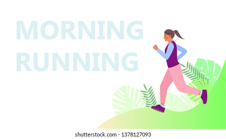 Running woman in flat style on a park abstract background. Sport and healthy lifestyle concept. Vector illustration. 