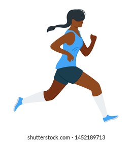 Running woman flat vector illustration. Jogging african american girl, runner, sportive woman cartoon character. Dark skinned, black sportswoman. Exercise and athletics isolated design element