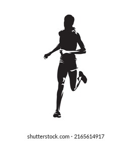 Running woman, front view. Abstract isolated vector silhouette. Female marathon runner