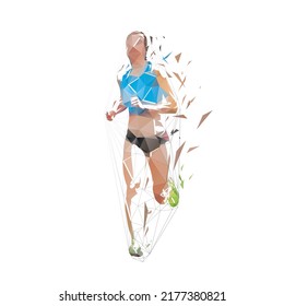 Running woman, front view. Abstract low polygonal isolated vector illustration. Geometric female marathon runner from triangles