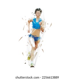 Running woman, front view. Abstract low polygonal isolated vector illustration. Geometric female marathon runner from triangles