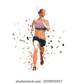 Running woman, front view, abstract isolated low poly vector illustration, female runner, geometric drawing. Run logo