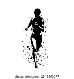 Running woman, front view, distorted isolated vector silhouette, run