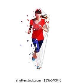 Running woman, front view. Low polygonal isolated vector illustration. Run