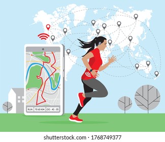 Running woman, girl using online platform technology to participate virtual global racing marathon. Route on smartphone, world map runners locations. World running Day 3 June. Healthy lifestyle vector