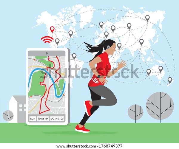 Running woman, girl using online platform\
technology to participate virtual global racing marathon. Route on\
smartphone, world map runners locations. World running Day 3 June.\
Healthy lifestyle\
vector