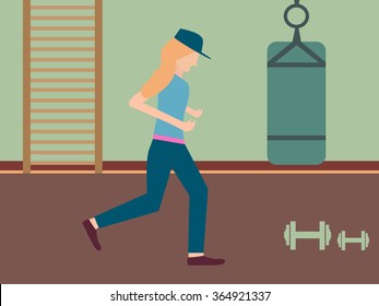 Running woman in gym in flat design with dumbbells and punching bag