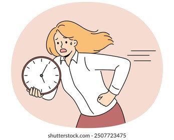 Running woman is holding clock and is nervous trying to comply with deadlines and complete work on time. Business woman making career as manager is in hurry to not be late and meet deadlines.