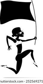 Mujer corriendo sosteniendo una bandera. 
Joven corredora sostiene una bandera en la mano. Ilustración en blanco y negro
