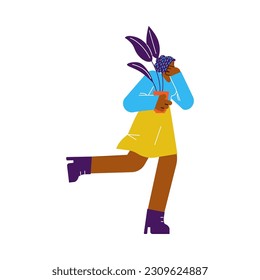 Running woman holding flower in pot covers mouth and nose with hand flat style, vector illustration isolated on white background. Decorative design element, hurry character