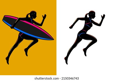 running woman holding surfboard side view isolated silhouette