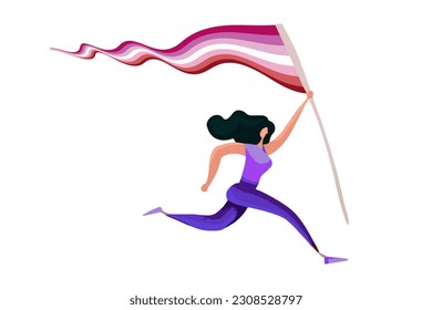 Running Woman holds a lesbian flag isolated on white background. Vector illustration