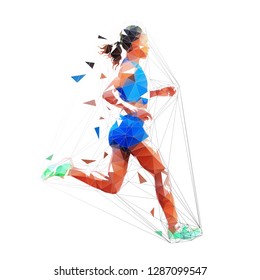 Running woman, isolated low poly vector illustration. Marathon run