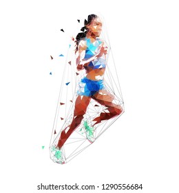 Running woman, isolated low polygonal vector illustration. Marathon run, geometric shape