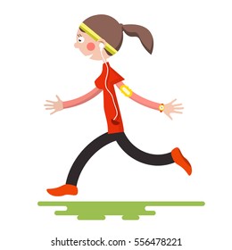 Running Woman Isolated on White Background. Flat Design Sport Cartoon. Young Female Run.