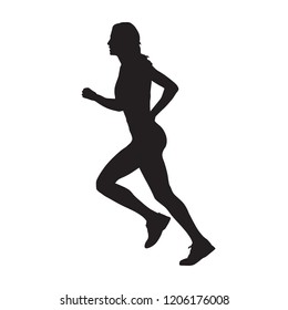 Running woman, isolated vector silhouette. Side view. Run, girl