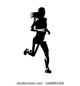 Running woman, isolated vector silhouette. Front view. Female runner