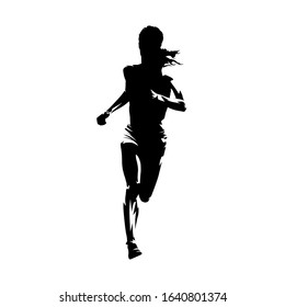 Running woman, isolated vector silhouette. Front view. Female runner