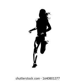 Running woman, isolated vector silhouette. Front view. Female runner