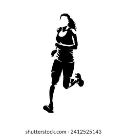 Running woman, isolated vector silhouette, front view