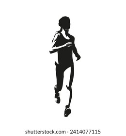 Running woman, isolated vector silhouette, front view