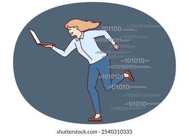 Running woman with laptop symbolizes ambition and pursuit of success in business and corporate careers. Businesswoman using laptop running symbolizing high speed 5g internet and fast job completion