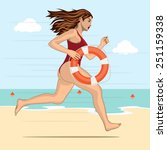 Running woman - lifeguard in a red swimming suit with lifebelt on a water background